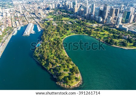 Aerial view Sydney Royal Botanic Gardens. View on Sydney harbourside suburbs from above. Aerial view on Sydney harbourside, Sydney CBD, Sydney Royal Botanic Gardens