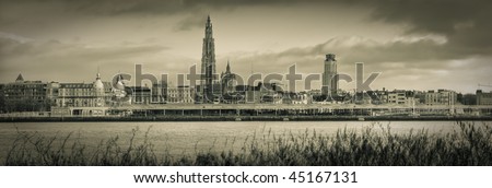 A panorama view of the skyline from the city of Antwerp, transferd to old looking sepia as in the analog days