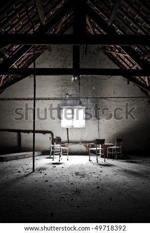 A attic waiting for people to arrive to have some kind of secret meeting. Very moody scenery because of the way the light is spreading over the place.