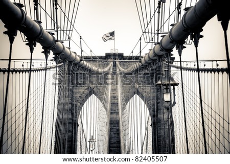 A split tone conversion of New York\'s famous landmark, the Brooklyn Bridge