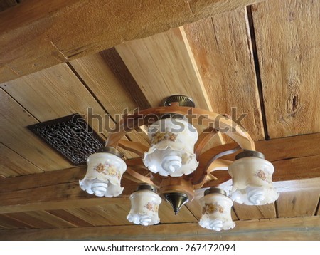 Ceiling light on wooden beams.