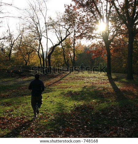 jogger running in early morning light through park in fall colors
