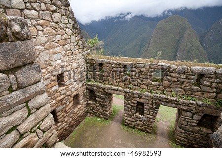 Doors to mountain view in Machu Picchu ruins