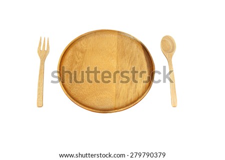 Wooden plate and pair spoon fork isolated on white background with clipping path