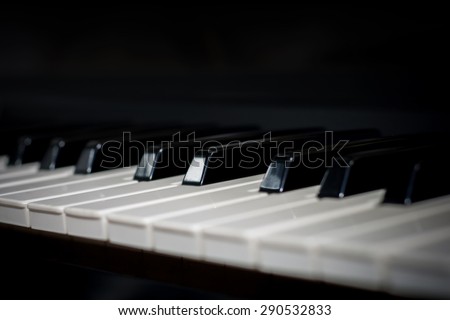 close-up of piano keys with selective focus and copy space low key effect.