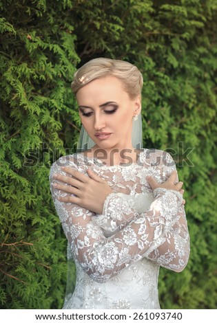 gentle bride, beautiful bride, beauty, model.Portrait of the bride -bride in an expensive wedding dress.Gorgeous bride