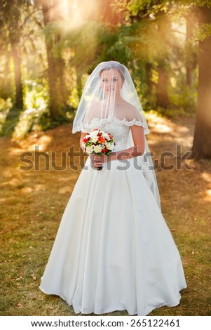 Portrait of the bride -bride in an expensive wedding dress.Attractive girl. Pretty bride.\
The bride in her wedding dress