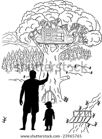 Black and white illustration of a father designing a tree house for his son