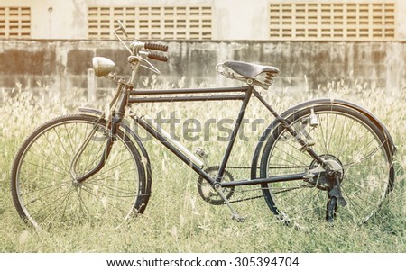 Vintage Bicycle at garden fields with orange vintage tone and flare