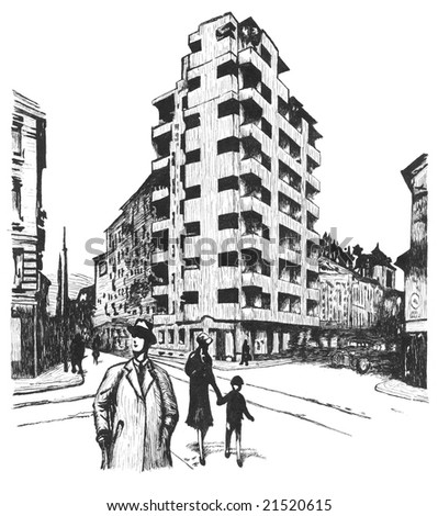 Old town street with people at the beginning of 20th century - pen drawing