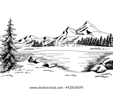 Mountain lake graphic art black white landscape illustration vector