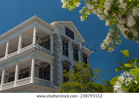 Photograph of a beautiful old home in Charleston, South Carolina against a blue sky with blooming flowers balancing the composition.