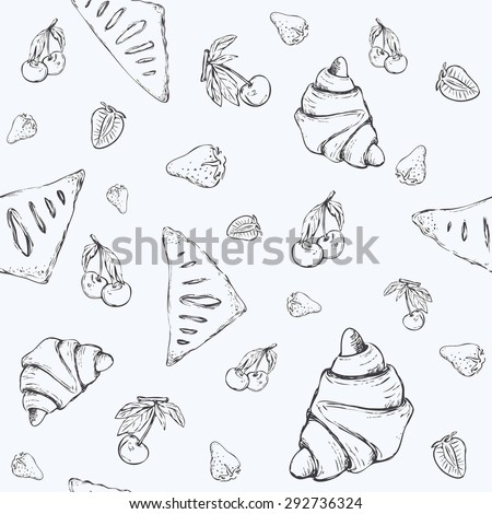Cute seamless pattern with sweets and desserts tea croissants and pies. Baked goods, restaurant menu and tea party.