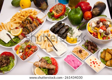 Greek Food Laid out on Table