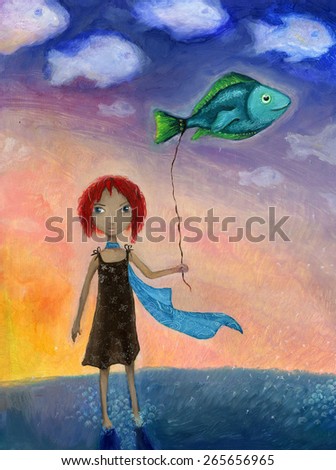 Girl on evening field holding fish like a balloon.