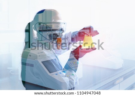Research scientist in laboratory room., Science, chemistry, technology, biology., Double exposure concept.