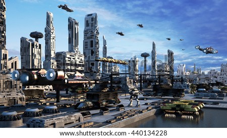 3d rendering Scifi fantasy concept cityscape the Dam City