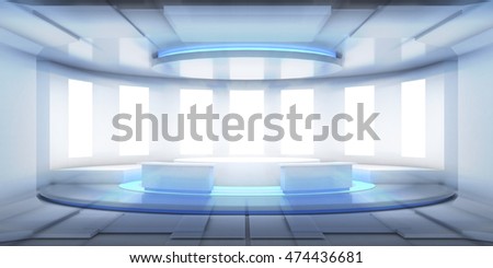 3d rendering Sci-fi lab in white space with the blue power