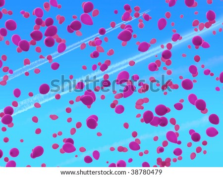Balloon release: Pink helium balloons against sky of jet contrails