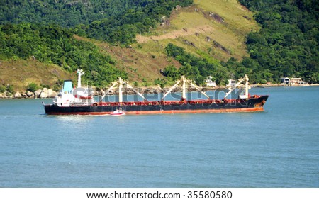 cargo ship departure from the port of the city of santos in brazil