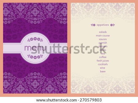 classic style flower decorated menu - light purple color flowers on bright purple color background