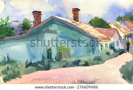 watercolor landscape streets of the southern town