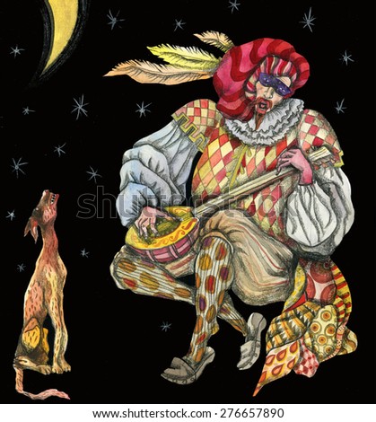 colored drawing singing Harlequin with a dog