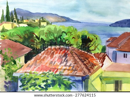 watercolor landscape coast of Montenegro