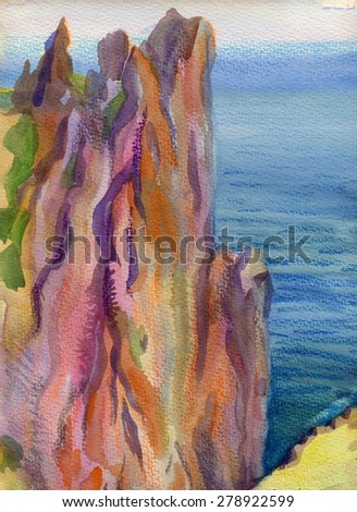 watercolor landscape rocky sea shore