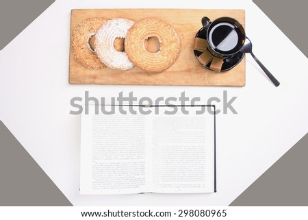 morning coffee on wooden background. breakfast concept.diary book.still life