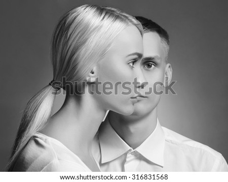 young couple man and woman in one face.beautiful boy and girl together
