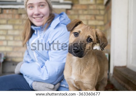 Teen smiling girl is sitting with a young funny dog. Dog is staring at the camera with curiosity. Outdoor, cold season.