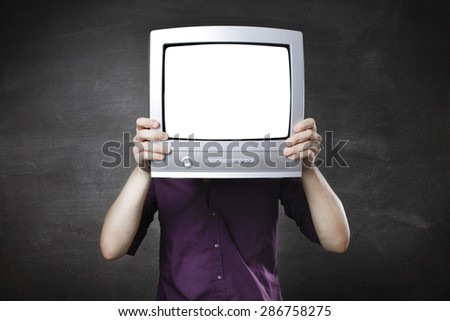 man with tv head on a gray background