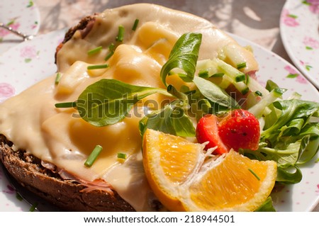 Close up of brown bread with cheese and pineapple