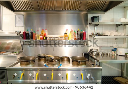 Wok equipment  in asian kitchen