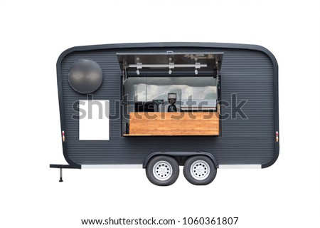 black trailer food truck isolate on white background, coffee mobile shop with white mock up sign.