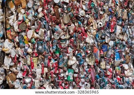 LOPBURI, Thailand - october 11, 2015: Close up compressed aluminum cans,beer cans,Crushed soda in front of recycle factory centre.