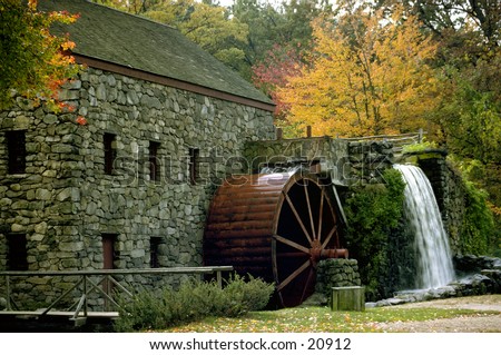 New England water mill outside of Boston in the fall
