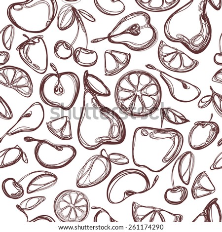 Seamless pattern with set of sweet fruits and berries. Food, fruit. Seamless texture.  Vector illustration