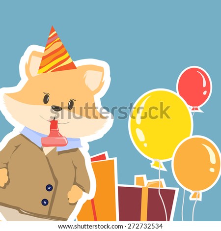 Happy Birthday card background with cute cartoon fox. Vector holiday party template. Greeting postcard image.