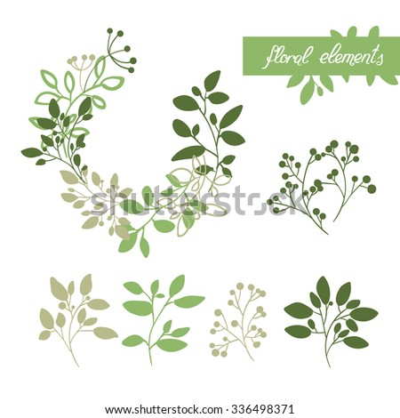Set of floral elements. Sketch of flowers and herbs. Wreath, garland of flowers. Spring or summer design for invitation, wedding or greeting cards