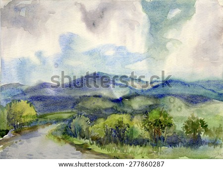 mountain landscape with clouds. Watercolor painting