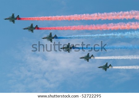 MOSCOW, RUSSIA - MAY 9: Traces of the 6 planes on the sky in the form of the russian tricolor flag. Victory Day celebrating on May 9, 2010 in Moscow, Russia