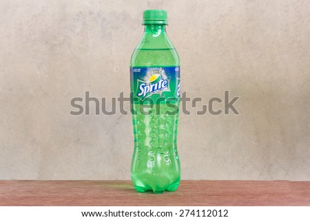 Friday, 1 May 2015: in Chiang mai Thailand, Sprite soda Plastic Bottles on wood table and vintage background