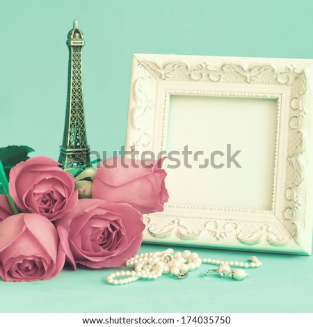White vintage frame and roses