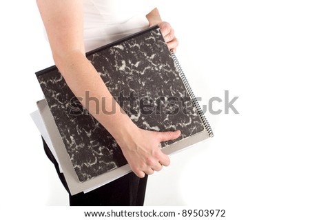 woman holding  folders  with old documents and bills. Isolated on white background