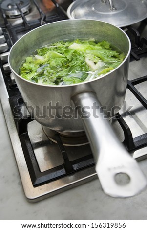 Cooking the escarole in a kitchen for a good vegetarian recipe.