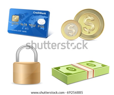 credit card icon set. stock vector : Vector finance icon set. Credit card, coins, banknotes, padlock