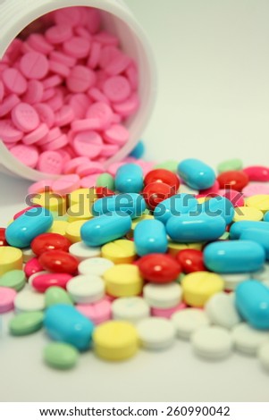 closeup many colorful medicine pills with medicine bottle isolated on white background