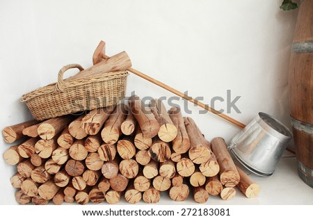 wood basket and bin with white wall background